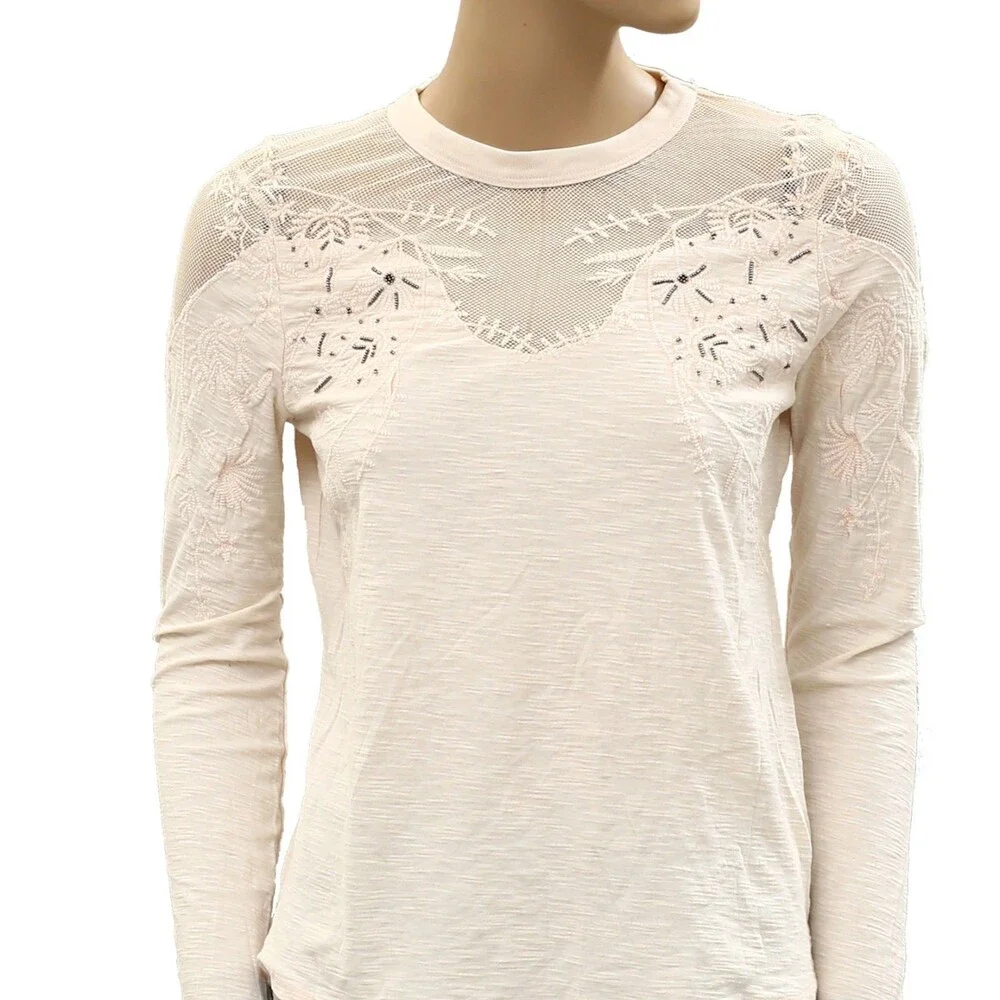 Free people Micha Embellished Mesh Beaded Long Sleeve Tee Blouse Top S 287514